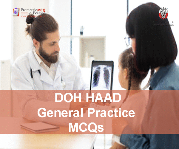 A medical officer in clinic examining a baby patient and advertising DOH HAAD General Practitioner Pearson Licensing Exam MCQs