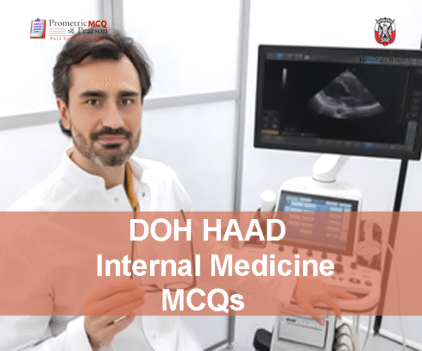 An internal medicine specialist doctor in clinic advertising DOH HAAD Internal Medicine Pearson Licensing Exam MCQs