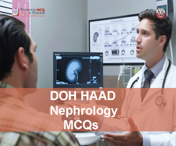 A patient with a specialist nephrologist doctor in the clinic advertising DOH HAAD Nephrology Pearson Licensing Exam MCQs