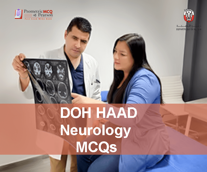 A specialist neurologist with a patient advertising DOH HAAD Neurology Pearson Licensing Exam MCQs