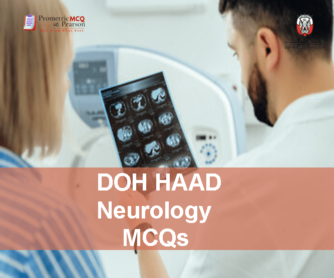 A specialist neurologist with a patient advertising DOH HAAD Neurology Pearson Licensing Exam MCQs