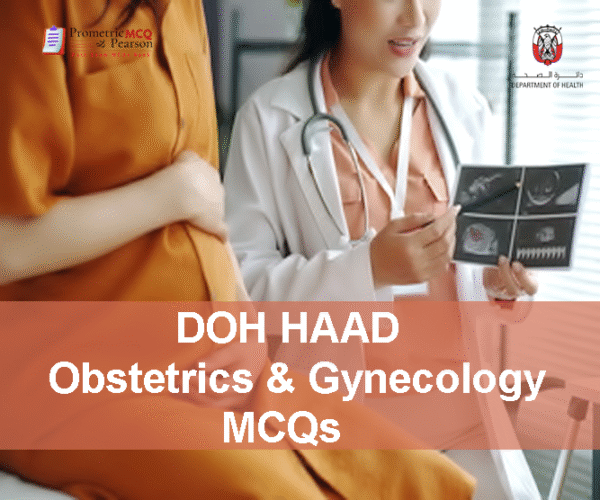 A pregnant patient with an Obstetrics & Gynecology specialist doctor advertising DOH HAAD Obstetrics & Gynecology Pearson Licensing Exam MCQs