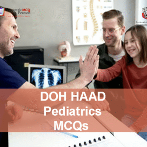 A pediatric specialist doctor with a baby patient and his father in clinic advertising DOH HAAD Pediatrics Pearson Licensing Exam MCQs