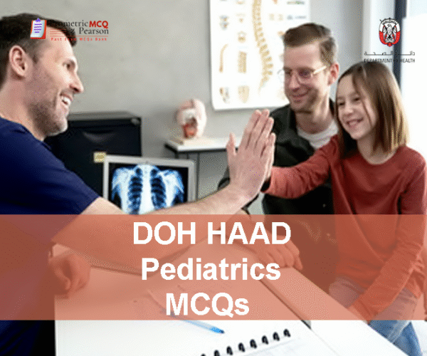 A pediatric specialist doctor with a baby patient and his father in clinic advertising DOH HAAD Pediatrics Pearson Licensing Exam MCQs