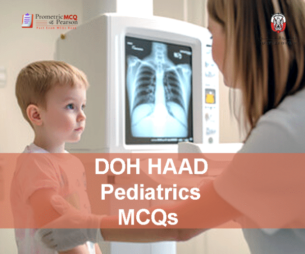 A pediatric specialist doctor with a baby patient in clinic advertising DOH HAAD Pediatrics Pearson Licensing Exam MCQs