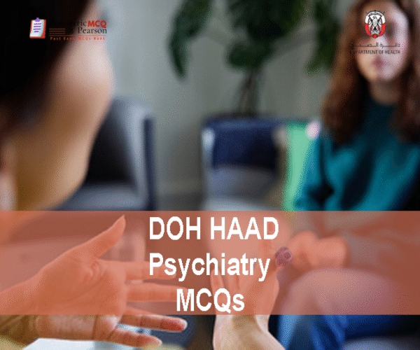 A Psychiatrist with a patient in clinic advertising DOH HAAD Psychiatry Pearson Licensing Exam MCQs
