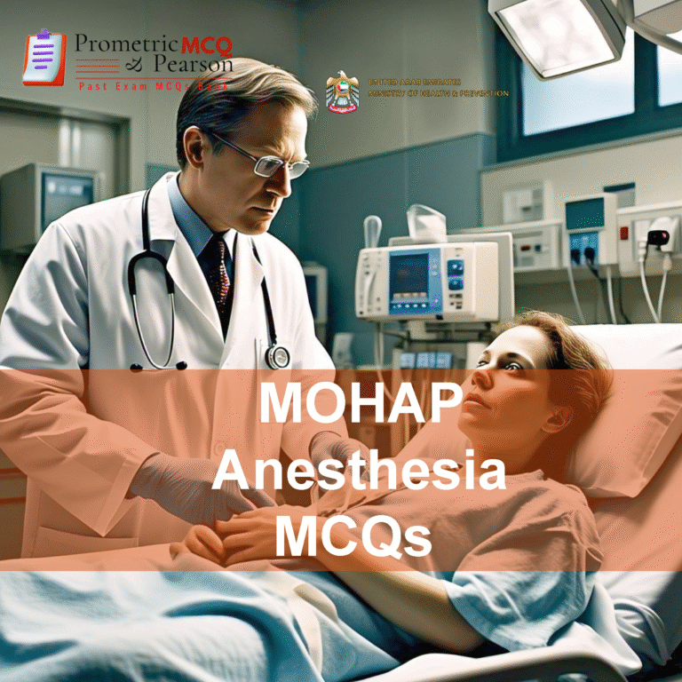 An Anesthesia specialist doctor examining a patient in clinic and advertising MOHAP Anesthesia Prometric Licensing Exam MCQs