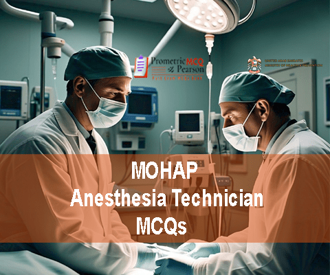 An Anesthesia Technician and a doctor treating a patient in clinic and advertising MOHAP Anesthesia Technician Prometric Licensing Exam MCQs
