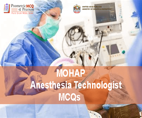 An Anesthesia Technologist and a doctor treating a patient in clinic and advertising MOHAP Anesthesia Technologist Prometric Licensing Exam MCQs