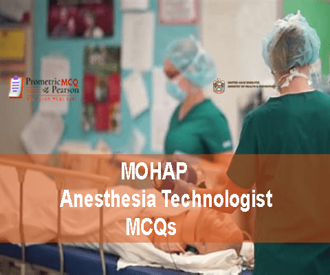 An Anesthesia Technologist and a doctor treating a patient in clinic and advertising MOHAP Anesthesia Technologist Prometric Licensing Exam MCQs