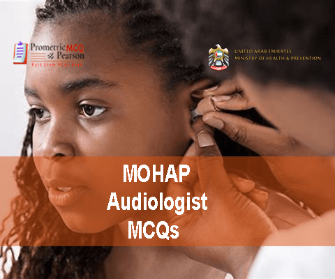 An Audiologist examining a baby and advertising MOHAP Audiologist Prometric Licensing Exam MCQs