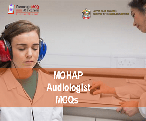 An Audiologist examining a patient in clinic and advertising MOHAP Audiologist Prometric Licensing Exam MCQs