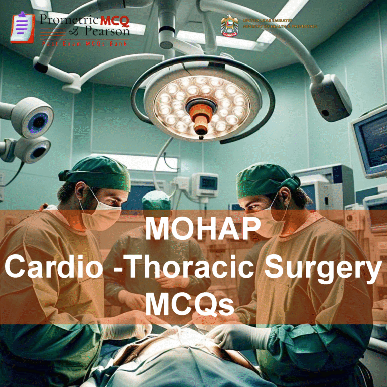 A team of specialist surgeons examining a patient in clinic and advertising MOHAP Cardio -Thoracic Surgery Prometric Licensing Exam MCQs