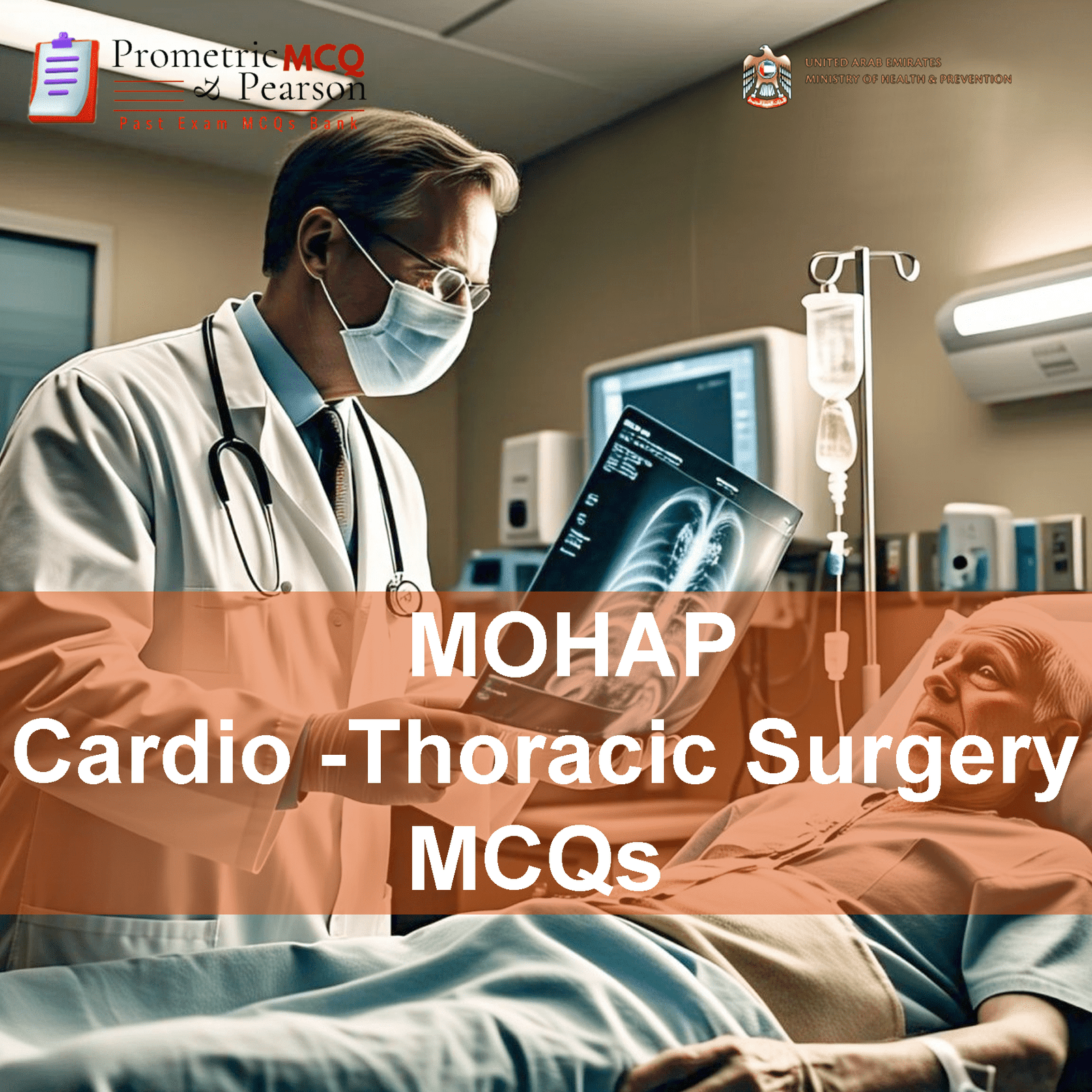 A specialist surgeon examining a patient in clinic and advertising MOHAP Cardio -Thoracic Surgery Prometric Licensing Exam MCQs
