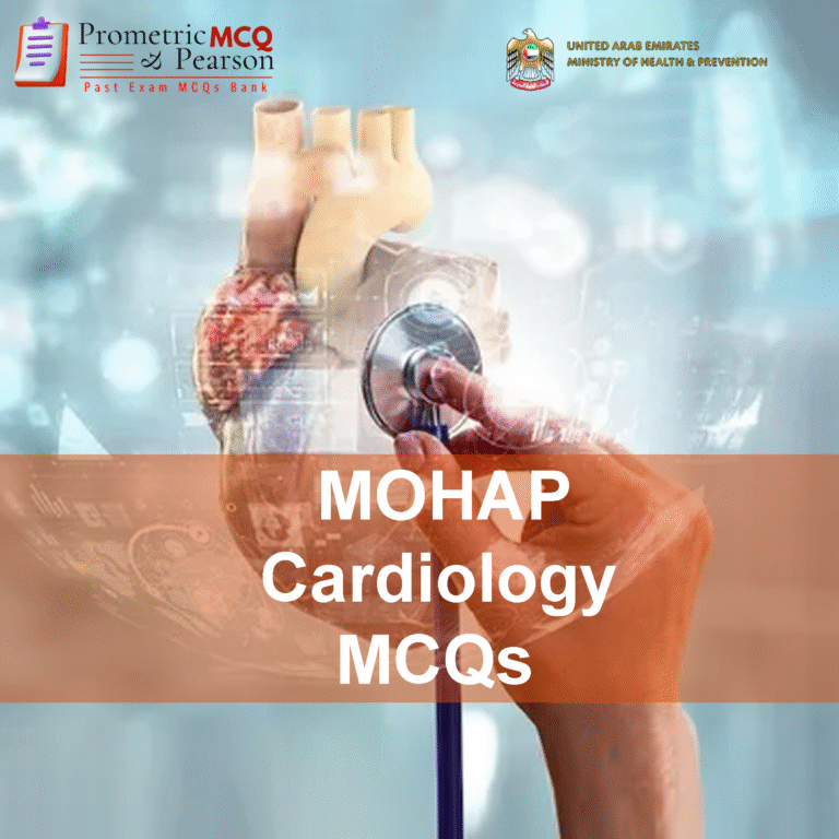 A Cardiologist examining a patient's heart in clinic and advertising MOHAP Cardiology Prometric Licensing Exam MCQs