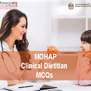 A Clinical Dietitian with a baby in clinic advertising MOHAP Dietitian & Nutritionist Prometric Licensing Exam MCQs