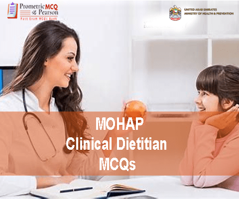 A Clinical Dietitian with a baby in clinic advertising MOHAP Dietitian & Nutritionist Prometric Licensing Exam MCQs