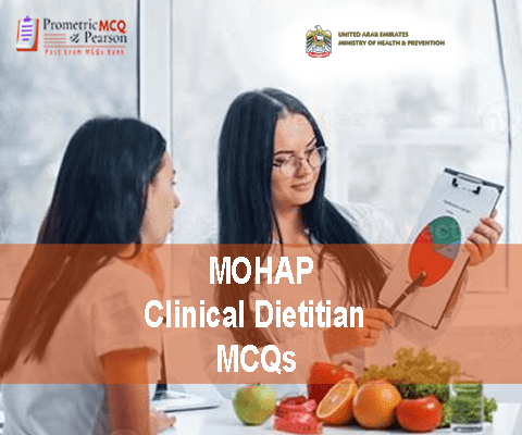 A Clinical Dietitian with a patient in clinic advertising MOHAP Dietitian & Nutritionist Prometric Licensing Exam MCQs