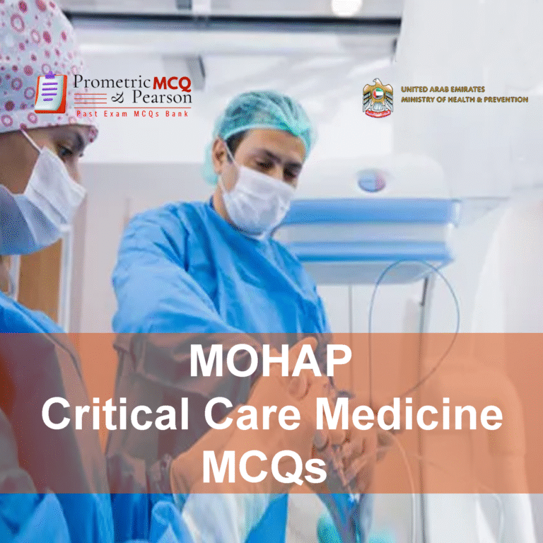 A team of specialist ICU Doctors examining a patient in clinic and advertising MOHAP Critical Care Medicine Prometric Licensing Exam MCQs