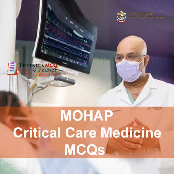 A team of specialist ICU Doctors examining a patient in clinic and advertising MOHAP Critical Care Medicine Prometric Licensing Exam MCQs