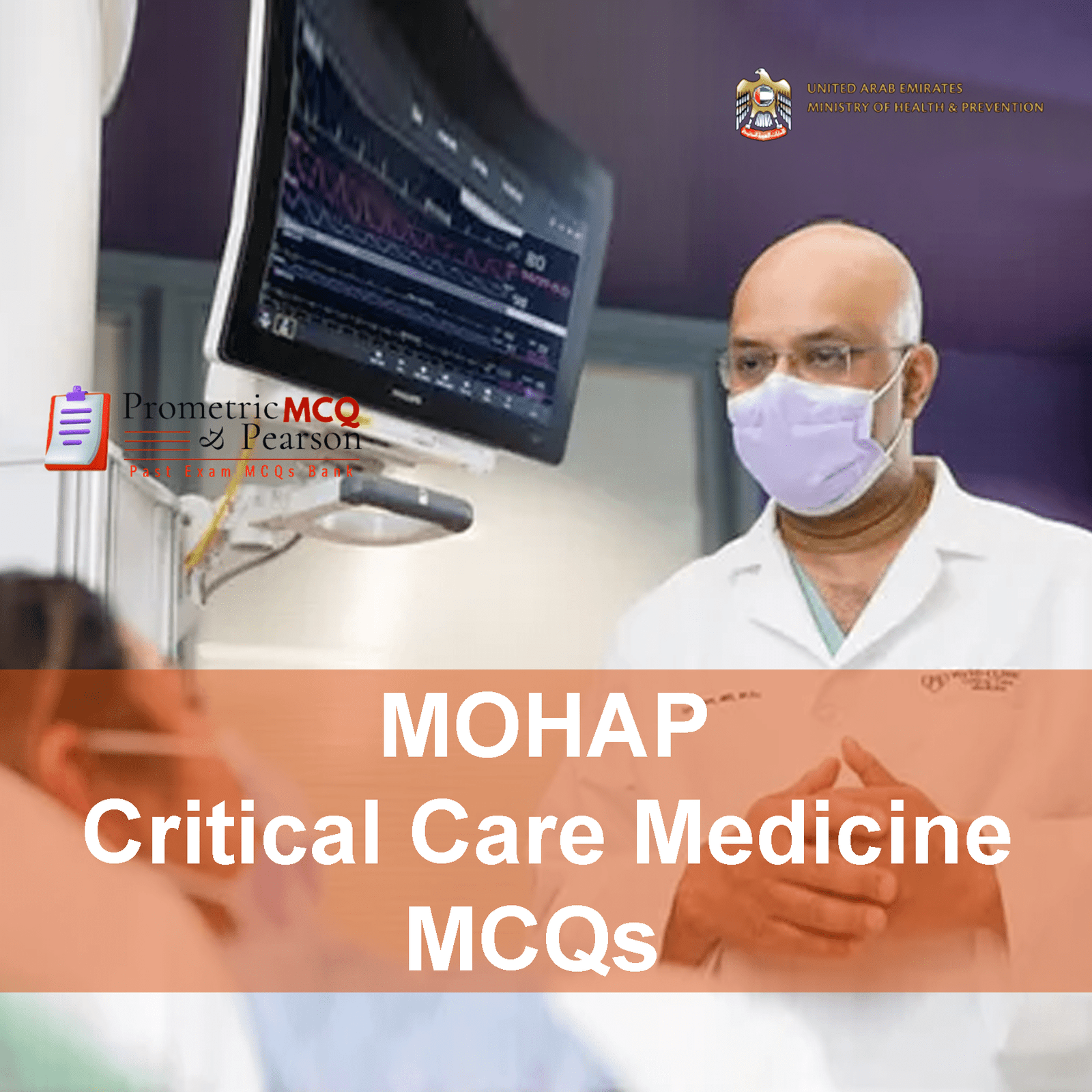 A team of specialist ICU Doctors examining a patient in clinic and advertising MOHAP Critical Care Medicine Prometric Licensing Exam MCQs