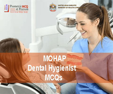 A Dental Hygienist examining and treating a patient in dental clinic and advertising MOHAP Dental Hygienist Prometric Licensing Exam MCQs