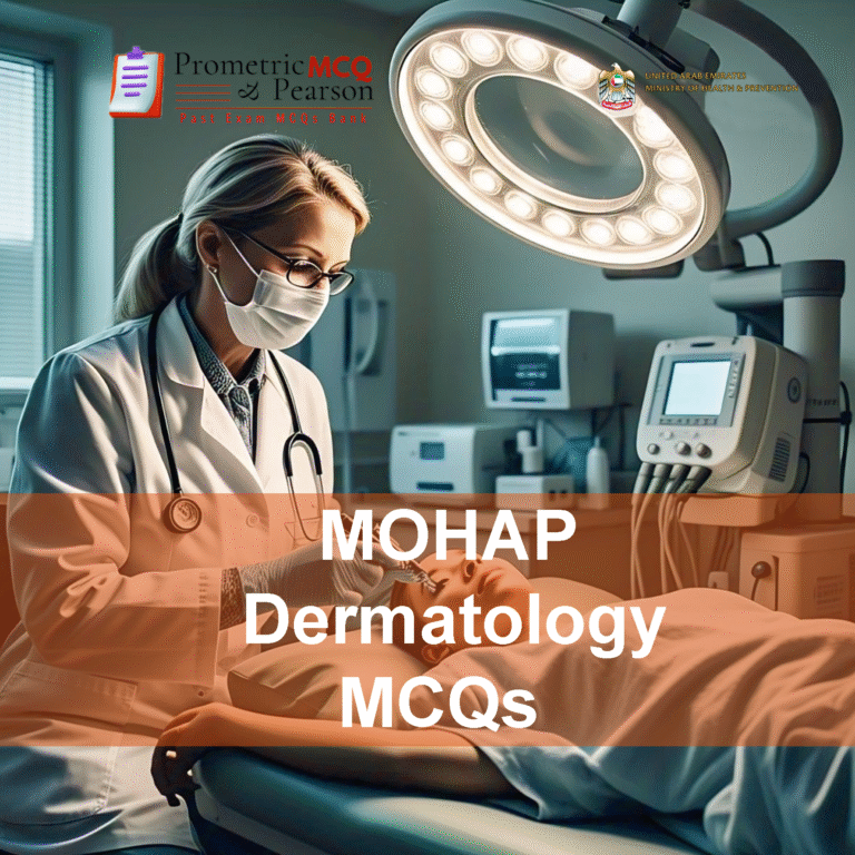 A specialist dermatologist examining a patient in clinic and advertising MOHAP Dermatology Prometric Licensing Exam MCQs