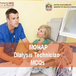 A Dialysis Technician examining a patient in clinic and advertising MOHAP Dialysis Technician Prometric Licensing Exam MCQs