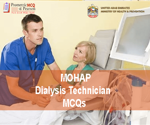 A Dialysis Technician examining a patient in clinic and advertising MOHAP Dialysis Technician Prometric Licensing Exam MCQs