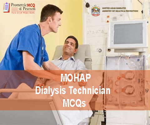 A Dialysis Technician examining a patient in clinic and advertising MOHAP Dialysis Technician Prometric Licensing Exam MCQs