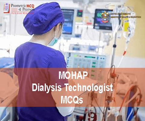 A Dialysis Technologist examining a patient in clinic and advertising MOHAP Dialysis Technologist Prometric Licensing Exam MCQs