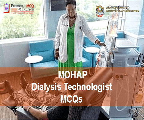 A Dialysis Technologist examining a patient in clinic and advertising MOHAP Dialysis Technologist Prometric Licensing Exam MCQs