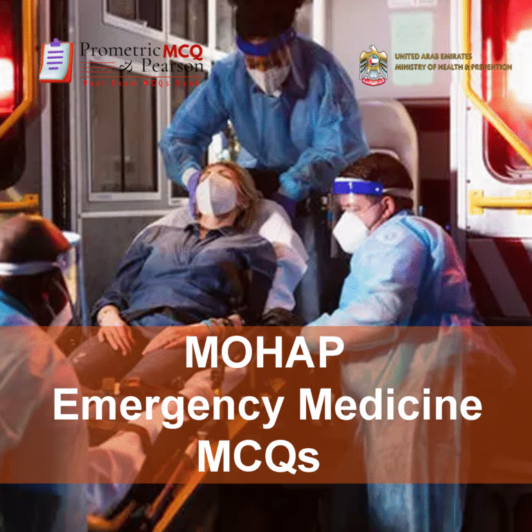 A team of medical professionals in clinic examining a patient in clinic and advertising MOHAP Emergency Medicine Prometric Licensing Exam MCQs