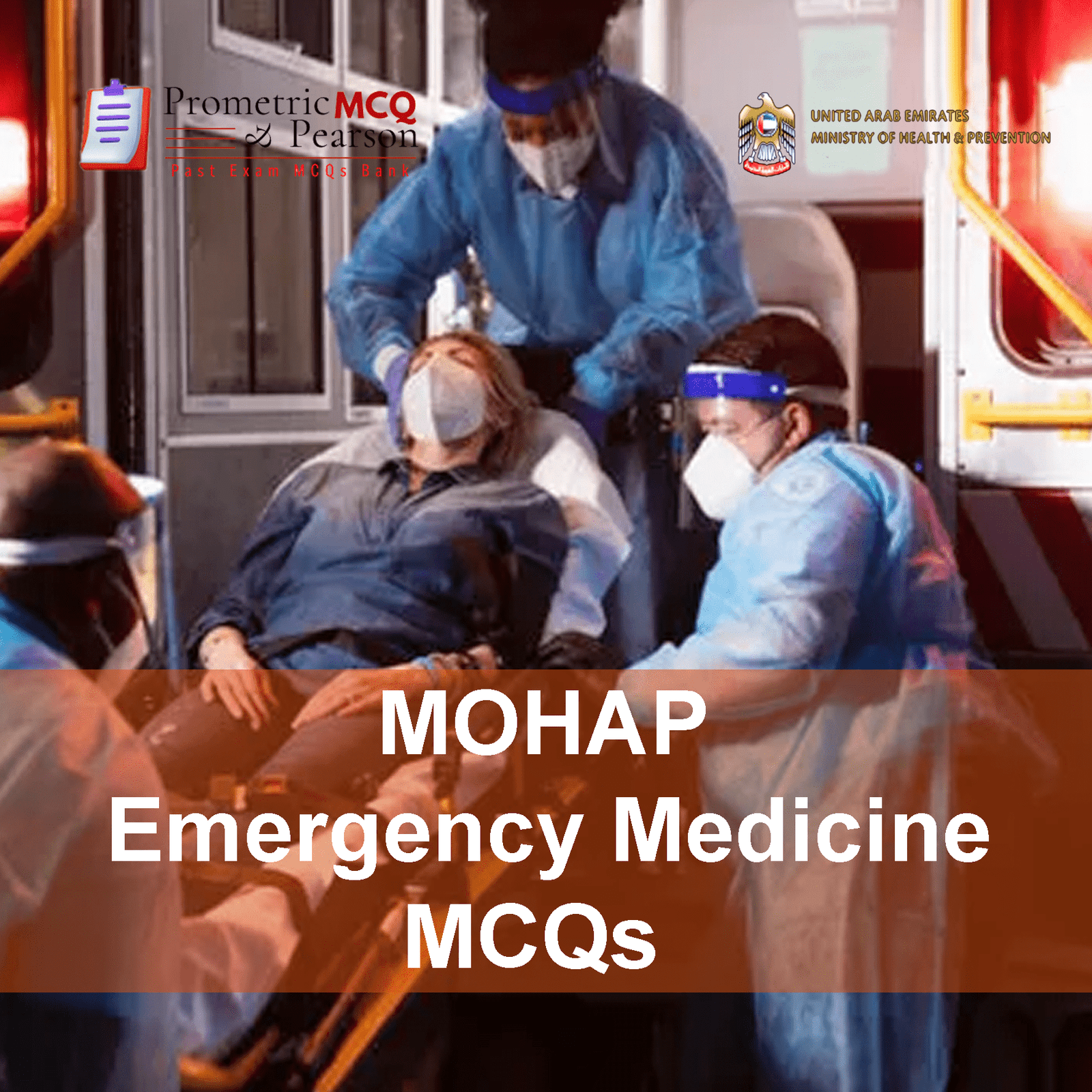A team of medical professionals in clinic examining a patient in clinic and advertising MOHAP Emergency Medicine Prometric Licensing Exam MCQs