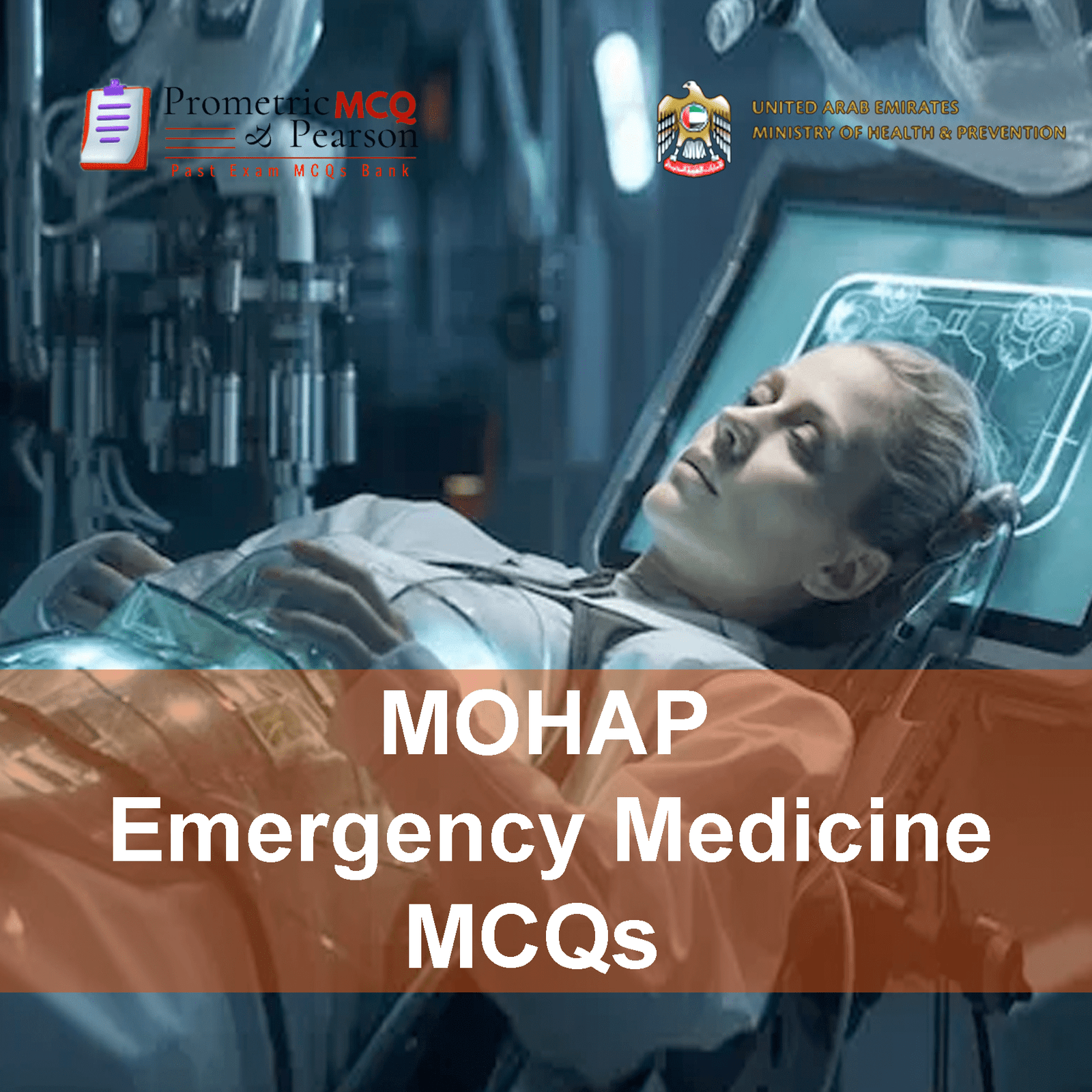 A doctor in clinic examining a patient and advertising MOHAP Emergency Medicine Prometric Licensing Exam MCQs