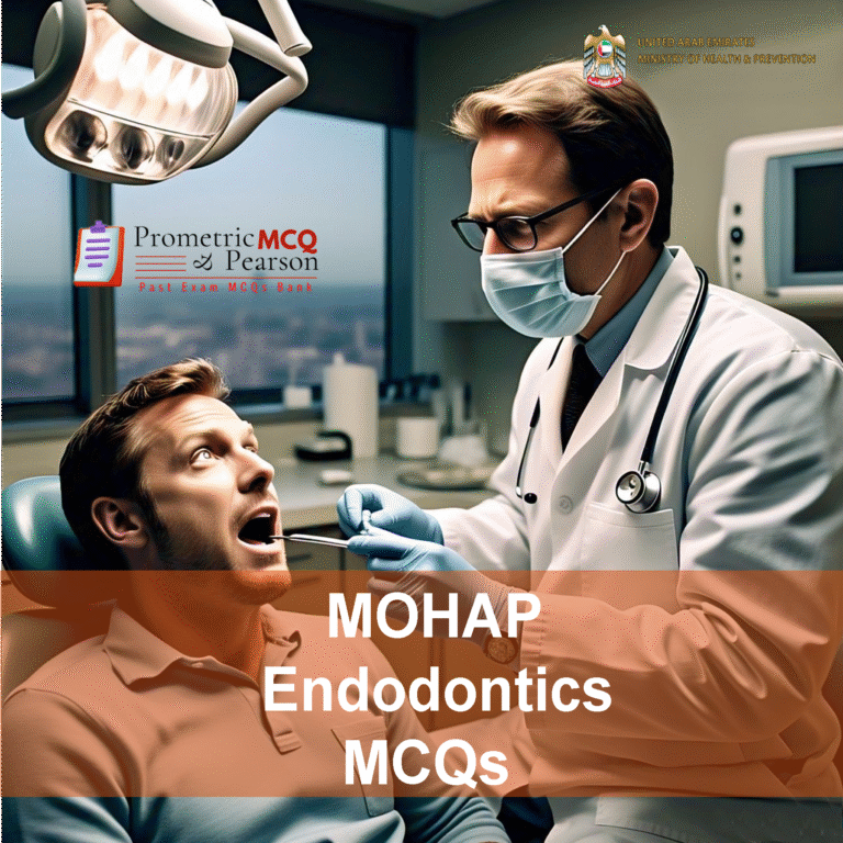 An Endodontic Specialist Doctor Examining a patient in dental clinic and advertising MOHAP Endodontics Prometric Licensing Exam MCQs