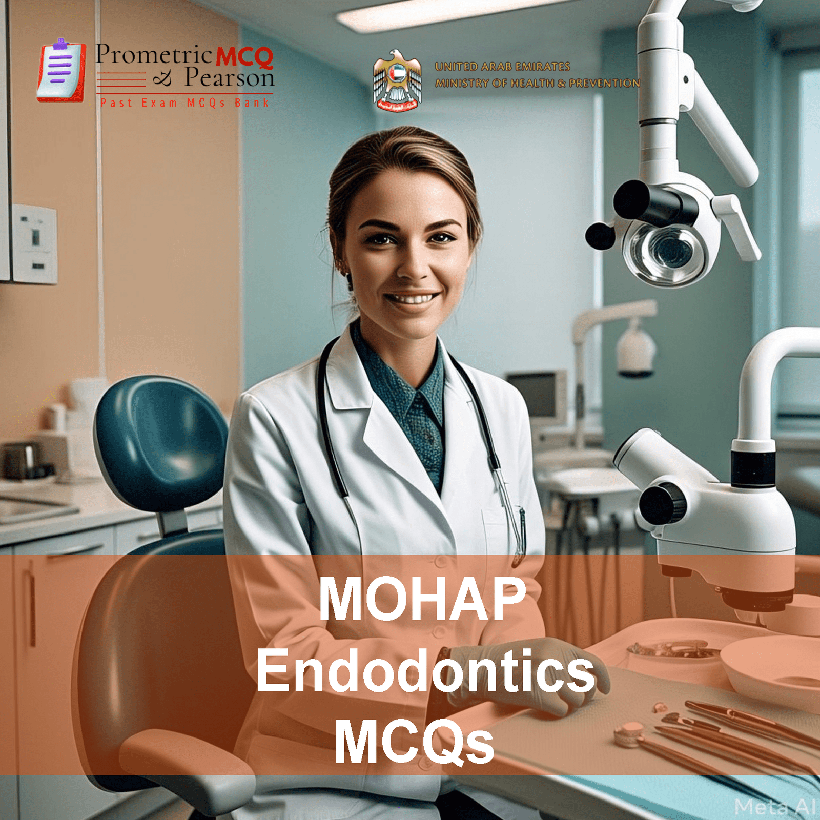 An Endodontic Specialist Doctor in dental clinic advertising MOHAP Endodontics Prometric Licensing Exam MCQs