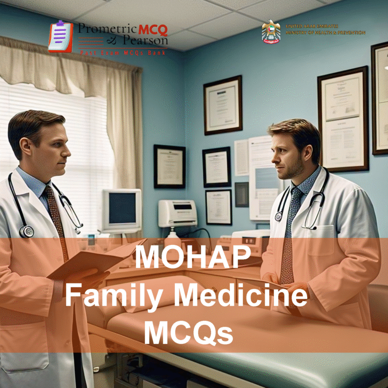 A team of doctors in clinic advertising MOHAP Family Medicine Prometric Licensing Exam MCQs