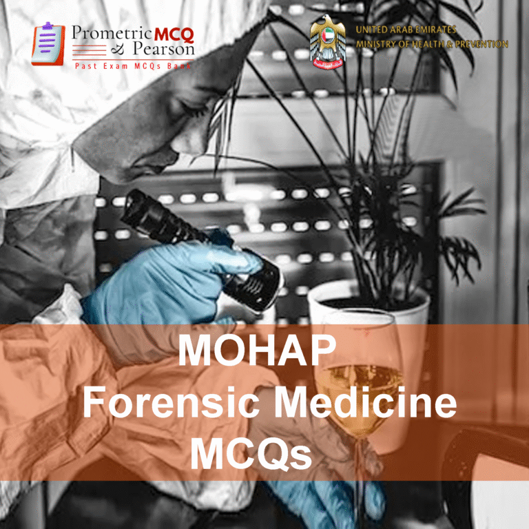 A Forensic Medicine specialist doctor examining a room and advertising MOHAP Forensic Medicine Prometric Licensing Exam MCQs
