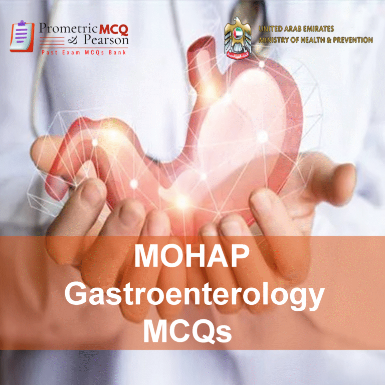 A Gastroenterologist Specialist Doctor in clinic advertising MOHAP Gastroenterology Prometric Licensing Exam MCQs