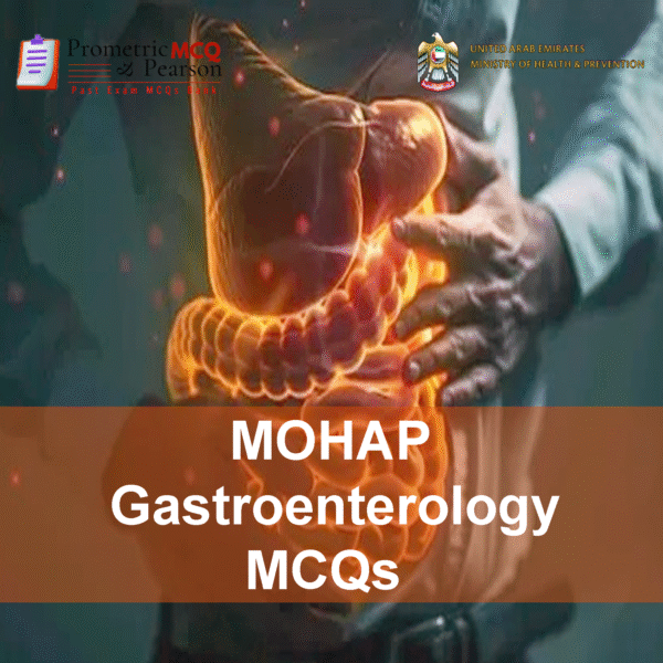 A Gastroenterologist Specialist Doctor in clinic advertising MOHAP Gastroenterology Prometric Licensing Exam MCQs