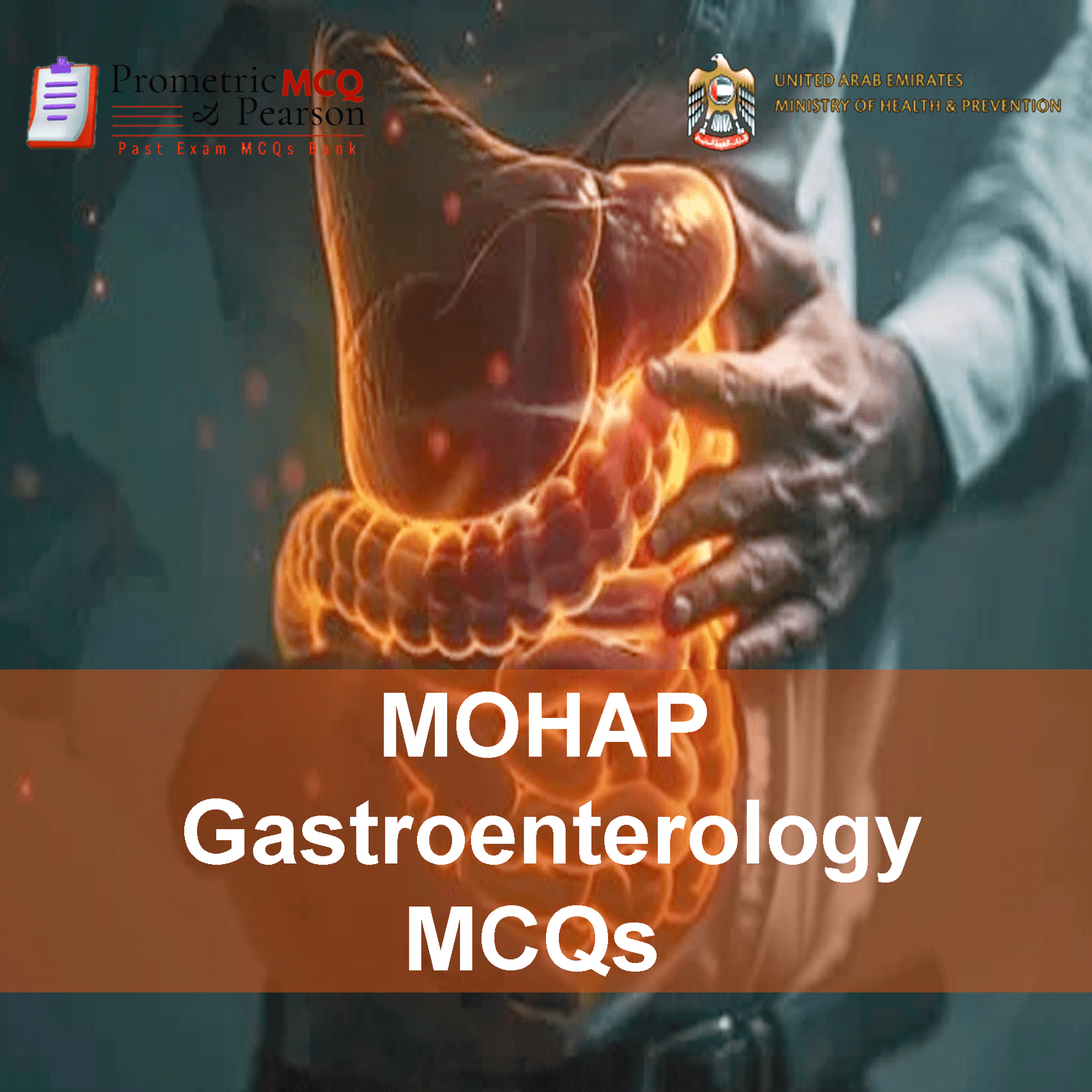 A Gastroenterologist Specialist Doctor in clinic advertising MOHAP Gastroenterology Prometric Licensing Exam MCQs