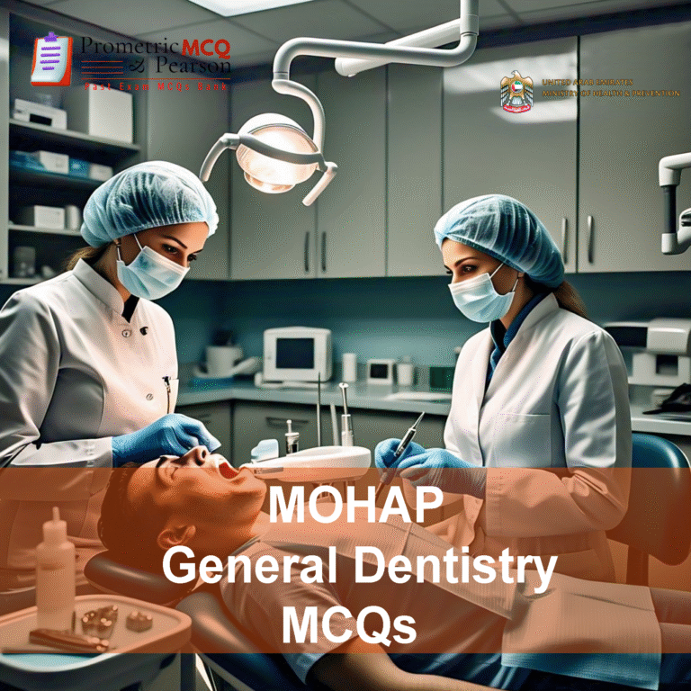 A team of dentists examining a patient in clinic and advertising MOHAP General Dentistry Prometric Licensing Exam MCQs