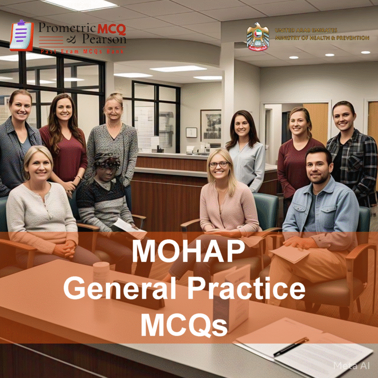 A team of medical professionals in clinic advertising MOHAP General Practitioners Prometric Licensing Exam MCQs