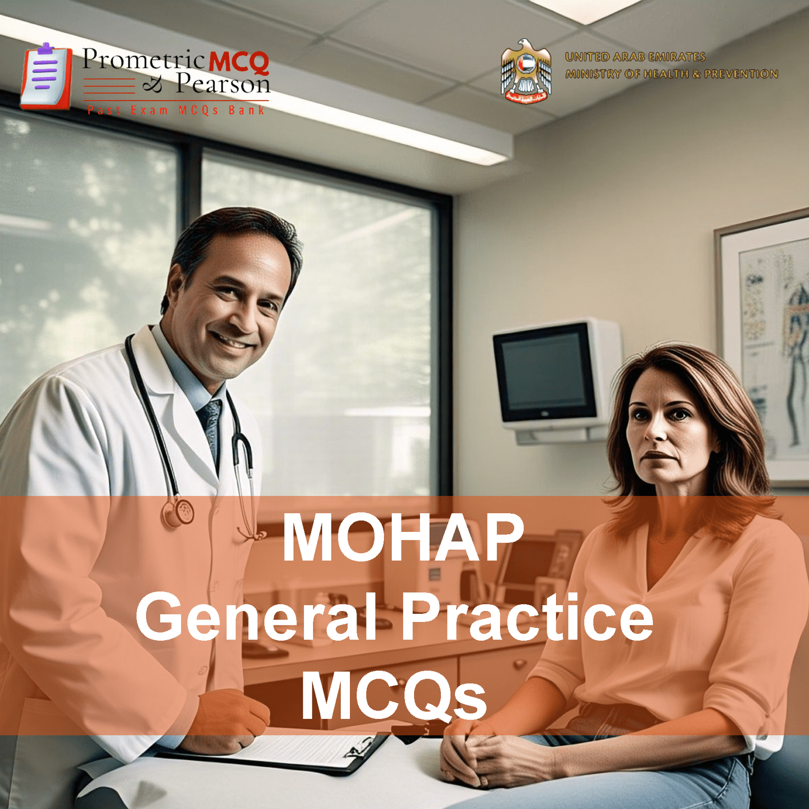 A medical professional doctor with a patient in clinic advertising MOHAP General Practitioners Prometric Licensing Exam MCQs