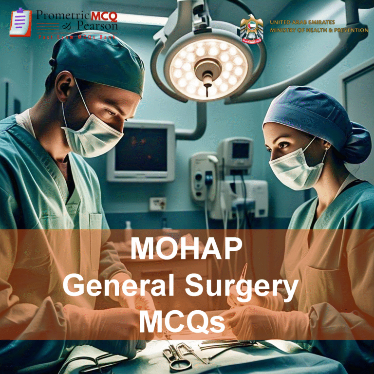 A team of General Surgeons examining a patient in clinic and advertising MOHAP General Surgery Prometric Licensing Exam MCQs