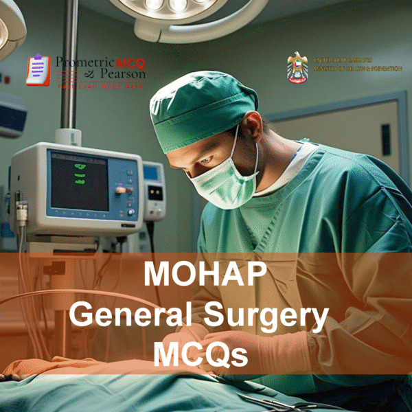 A General Surgeon examining a patient in clinic and advertising MOHAP General Surgery Prometric Licensing Exam MCQs