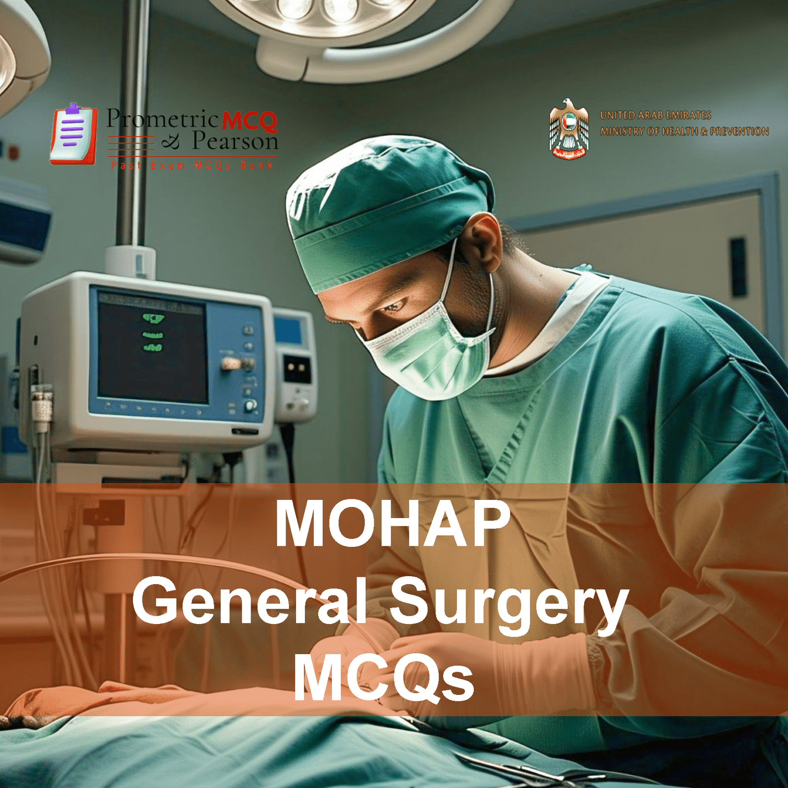 A General Surgeon examining a patient in clinic and advertising MOHAP General Surgery Prometric Licensing Exam MCQs
