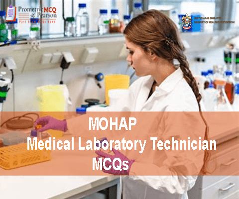 A Medical Laboratory Technician working in lab and advertising MOHAP Medical Laboratory Technician Prometric Licensing Exam MCQs