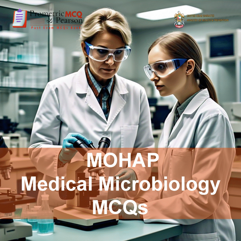 A team of medical professionals in lab advertising MOHAP Medical Microbiology Prometric Licensing Exam MCQs